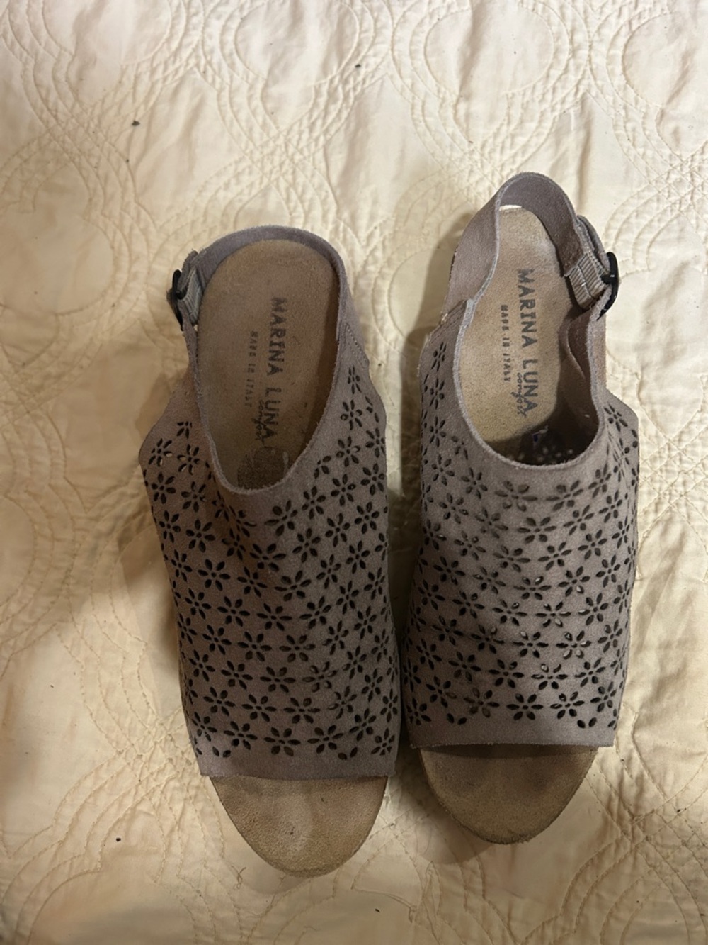 Marina Luna Taupe Floral Cutout Peep-Toe Slingback Wedges